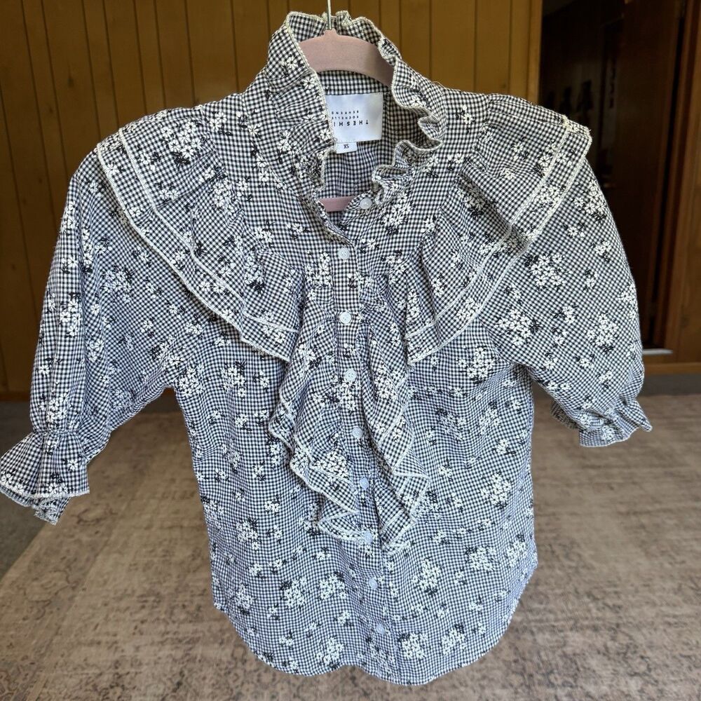 The Shirt Rochelle Behrens Floral Button Down XS Frilled Shirt Top Black White - Picture 4 of 12